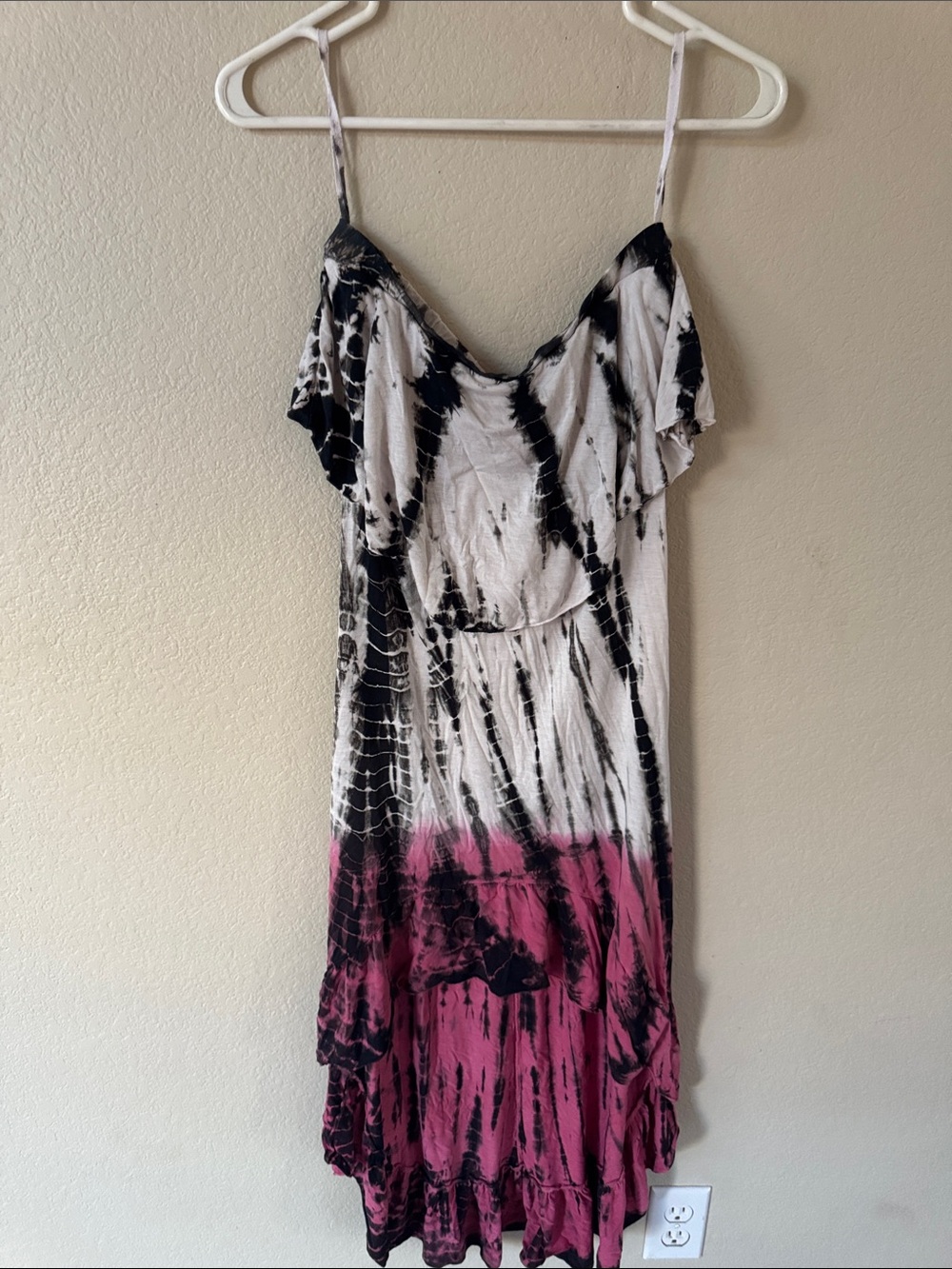 Women’s Black, White & Pink Tie-Dye High-Low Spaghetti Strap Dress